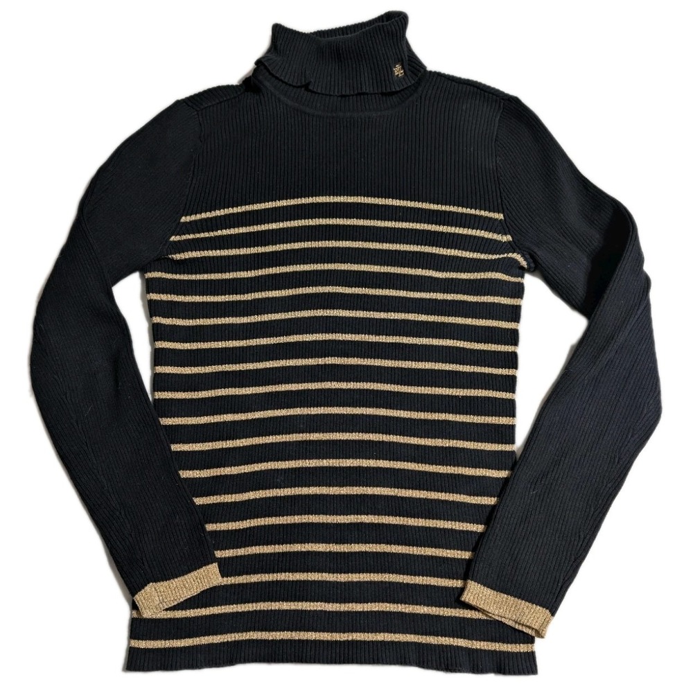 Lauren Ralph Lauren Ribbed‎ Turtleneck Sweater Black Gold Stripe Womens M